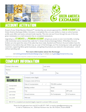 Green America Exchange Account Activation Form