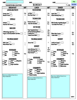 Hospital Meal Selection Form