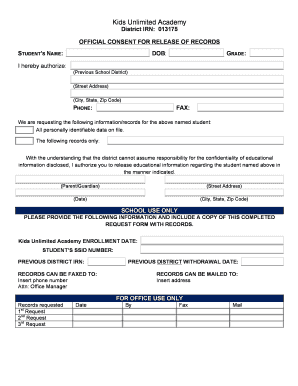 Kids Unlimited Academy Student Records Release Consent