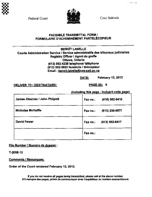 Fillable Online Federal Court Cour federale FACSIMILE TRANSMITTAL FORM ...