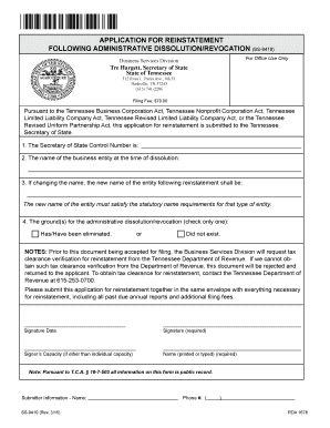 Tennessee Business Entity Reinstatement Form