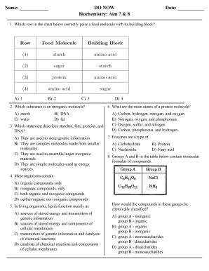 Biochemistry Worksheet