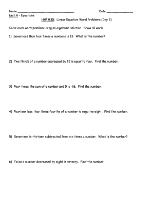 Linear Equation Word Problems Homework