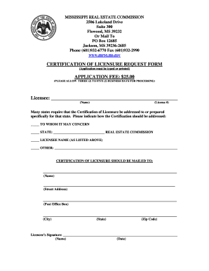 Mississippi Certification of Licensure Request Form