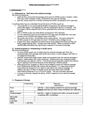 Fillable Online RHSC Self Evaluation Form Y11 2014 1 Achievement Y11