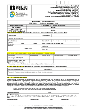 Oxford Admissions Test Registration Form