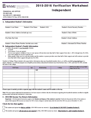 2015-2016 Independent Student Verification Worksheet