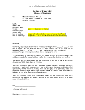 Letter of Indemnity for Package Change