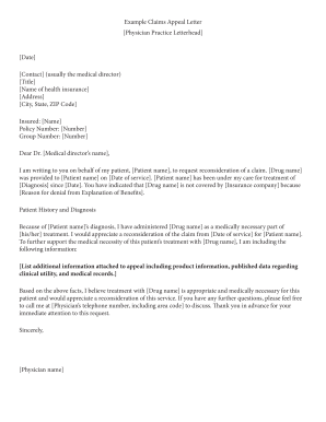 Letter of appeal - Example Claims Appeal Letter Physician Practice Letterhead Date