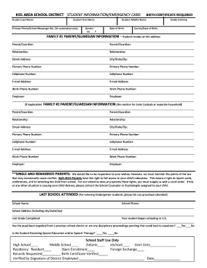 Kiel Area School District Student Information Card