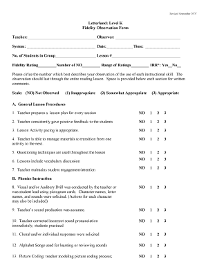 Letterland Level K Fidelity Observation Form