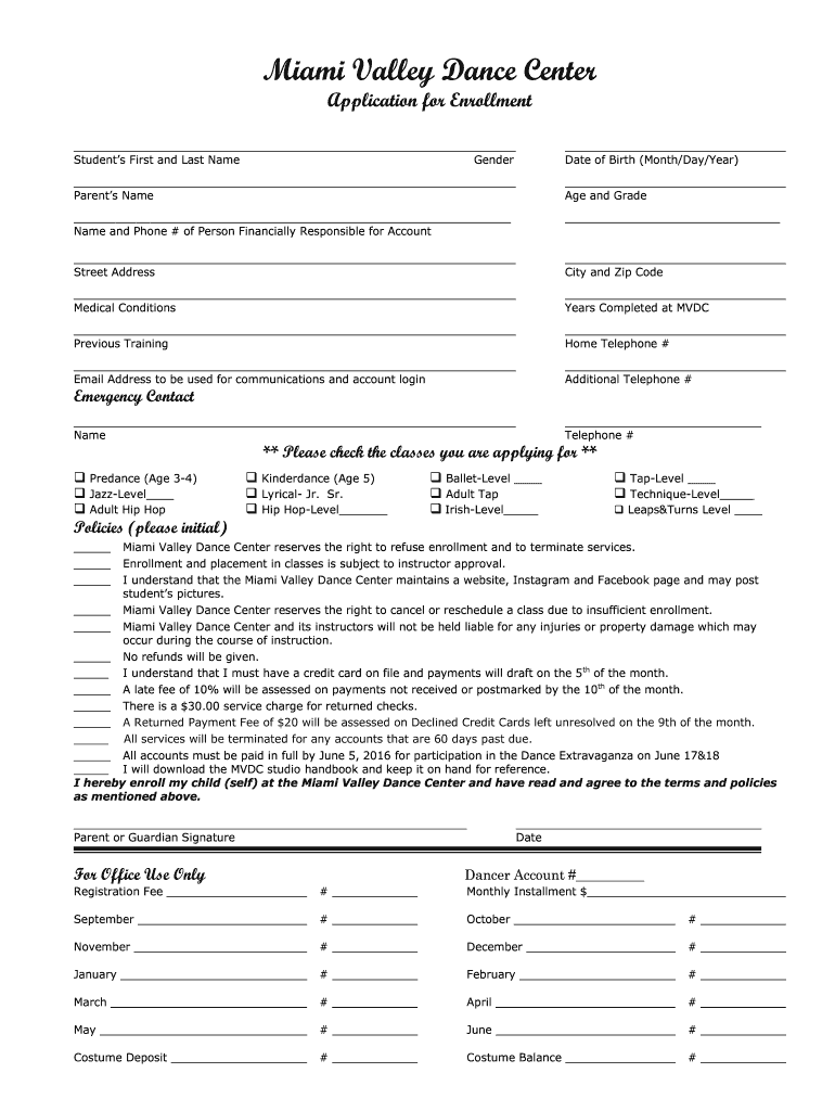 Enrollment form - Miami Valley Dance Center Preview on Page 1.