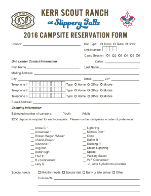 2016 Campsite Reservation Form