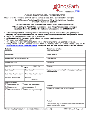 Plasma Clozapine Assay Request Form