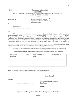 Application for Transfer of National Savings Certificates as Security