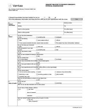 Seventh-Grader's Physical Examination Form