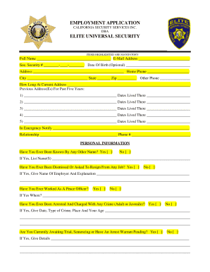 California Security Guard Employment Application