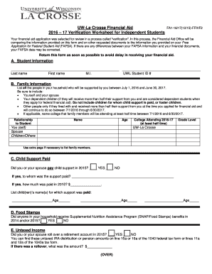 2016-17 Verification Worksheet for Independent Students