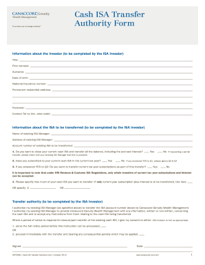 Cash ISA Transfer Authority Form