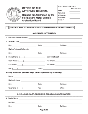 Florida Lemon Law Request for Arbitration Form