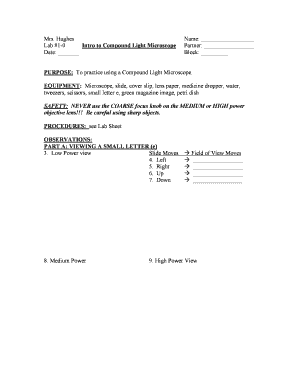 Lab Worksheet for Compound Light Microscope