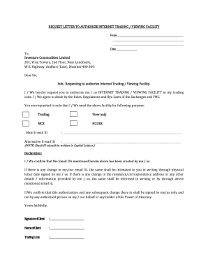 Request Letter to Authorize Internet Trading Facility