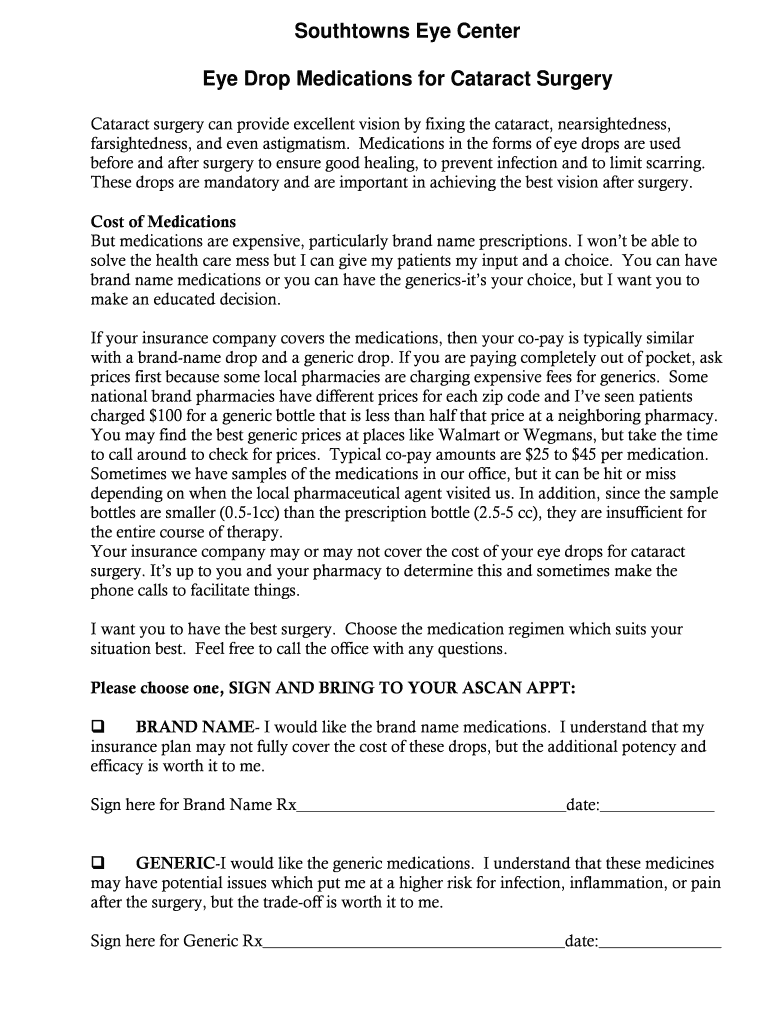 Fillable Online Southtowns Eye Center Eye Drop Medications for Cataract