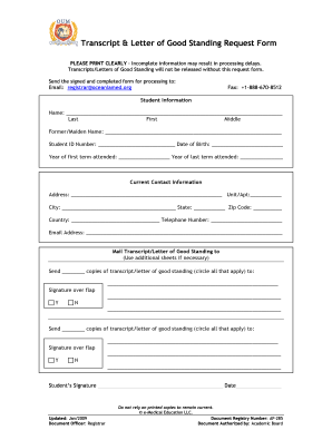 Transcript and Letter of Good Standing Request Form