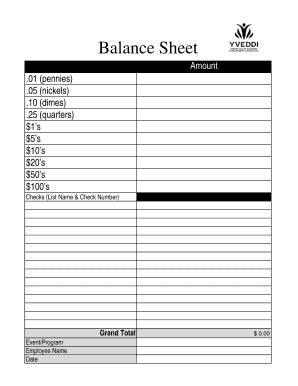 Balance Sheet for Coin and Bill Counting