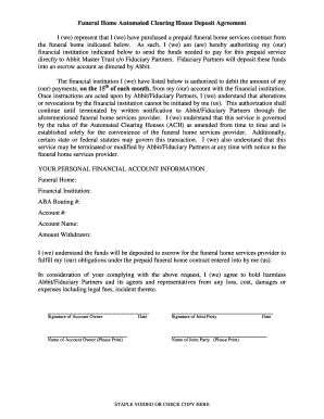 Funeral Home Automated Clearing House Deposit Agreement