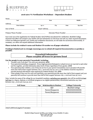 2016-2017 Verification Worksheet – Dependent Student