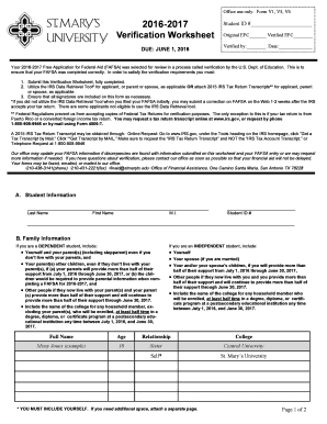 2016-2017 Student Verification Worksheet