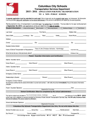 Application for Pupil Transportation to Non-Public School