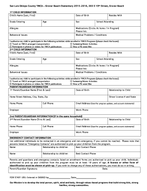 San Luis Obispo County YMCA Child Enrollment Form