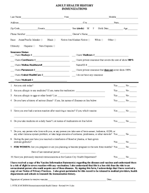 Adult Health History Immunization Form