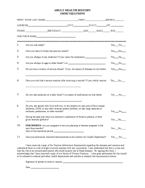 Adult Health History Immunization Form