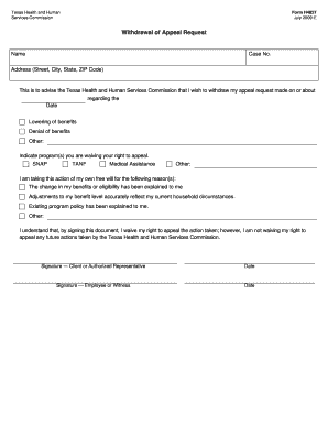 Texas Health and Human Services Appeal Withdrawal Form