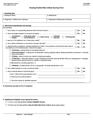 Texas Nursing Facility Risk Criteria Scoring Form