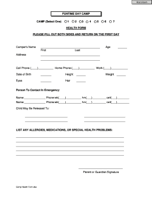 Funtime Day Camp Health Form