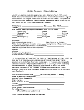 Child’s Statement of Health Status