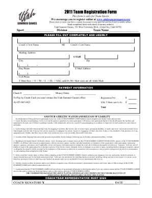 Utah Summer Games Team Registration Form