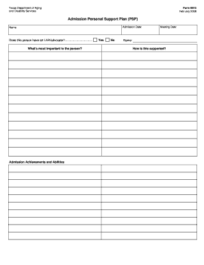 Texas Admission Personal Support Plan Form