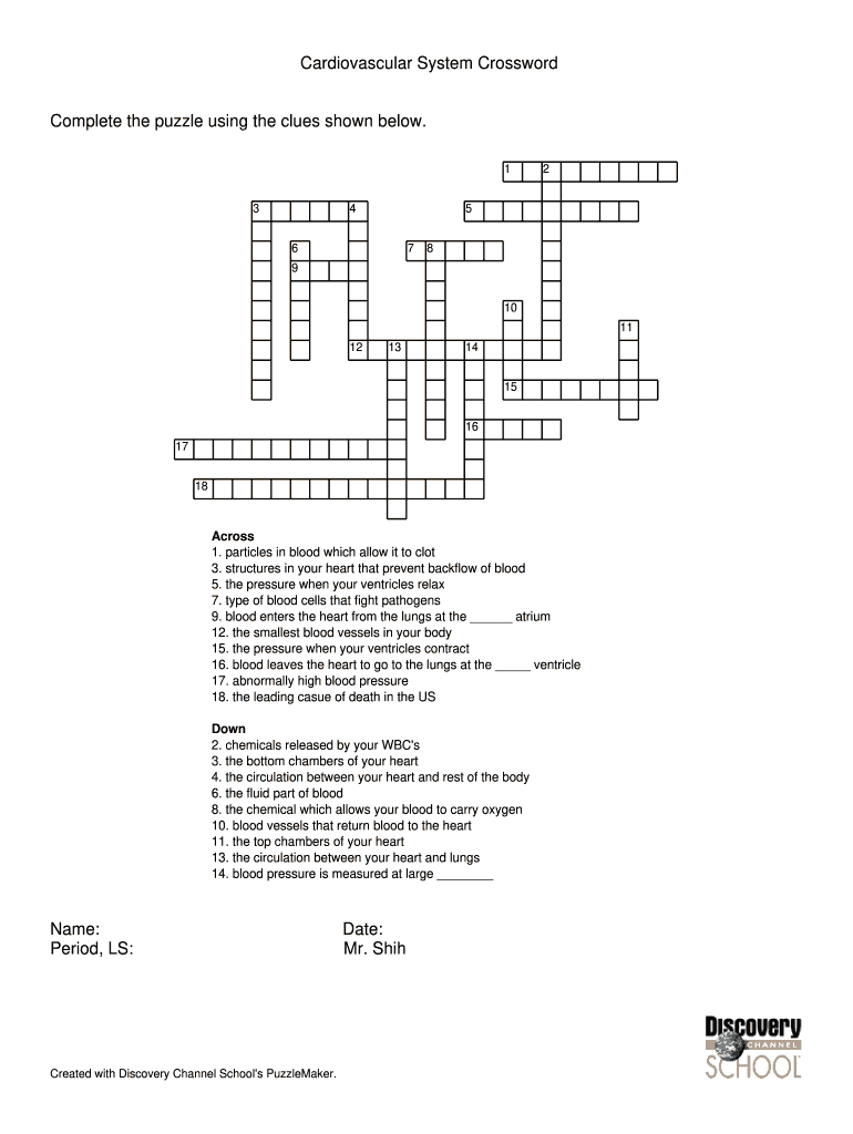 Cardiovascular System Crossword Puzzle Pdf Fill Online Printable 