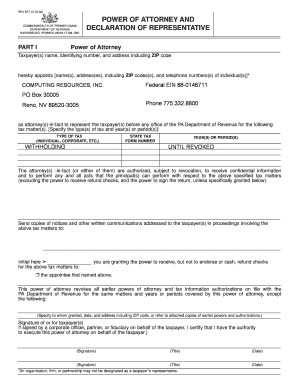 Pennsylvania Power of Attorney and Declaration of Representative