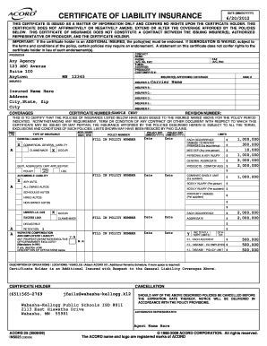 Certificate of Liability Insurance