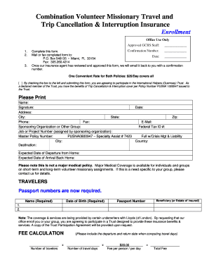 Volunteer Missionary Travel and Trip Cancellation Insurance Enrollment Form