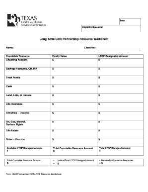 Long Term Care Partnership Resource Worksheet