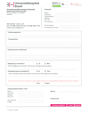 Anmeldung Mammasprechstunde PatientIn