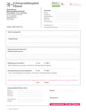 Anmeldung Mammasprechstunde PatientIn