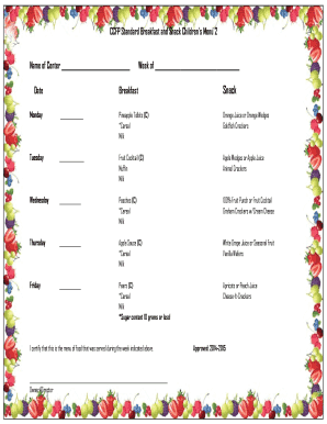 CCFP Standard Breakfast and Snack Children’s Menu